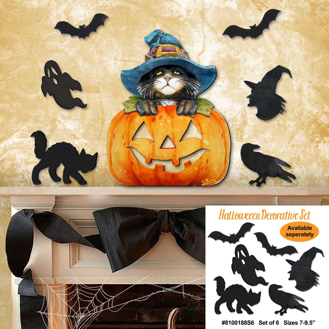 Black Cat pumpkin Halloween Door Decor by G. DeBrekht - Thanksgiving Halloween Decor - 8158416H