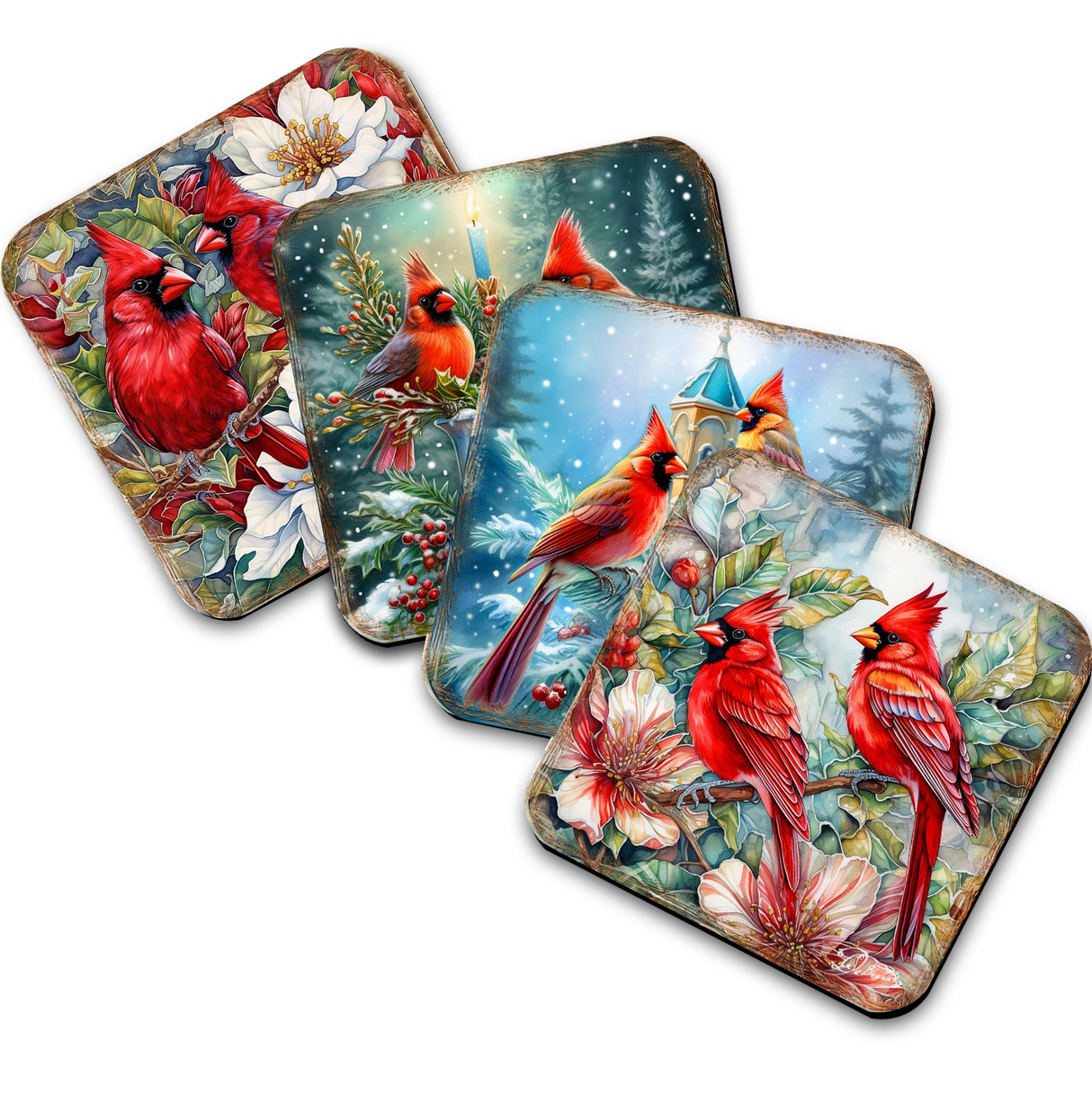 Juego de 4 posavasos de corcho de madera con diseño de Cardenales Rojos de G. Debrekht - Decoración de vida silvestre - 8199452C-S4