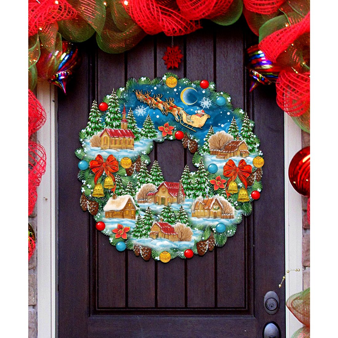 Corona navideña Up Up, decoración para puerta de G. DeBrekht - Decoración navideña de Papá Noel y muñeco de nieve - 8185315H