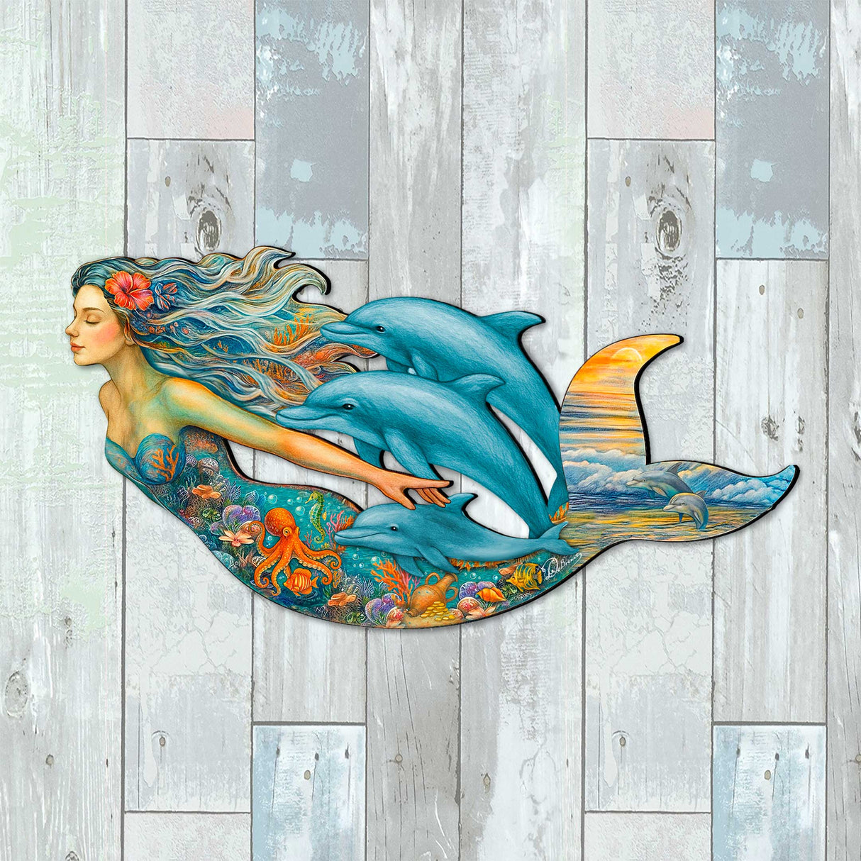 Mermaid & Dolphins Coastal Door Hanger - Handcrafted Ocean Fantasy Art Decor by G. DeBrekht - Coastal Holiday Decor - 81985143H