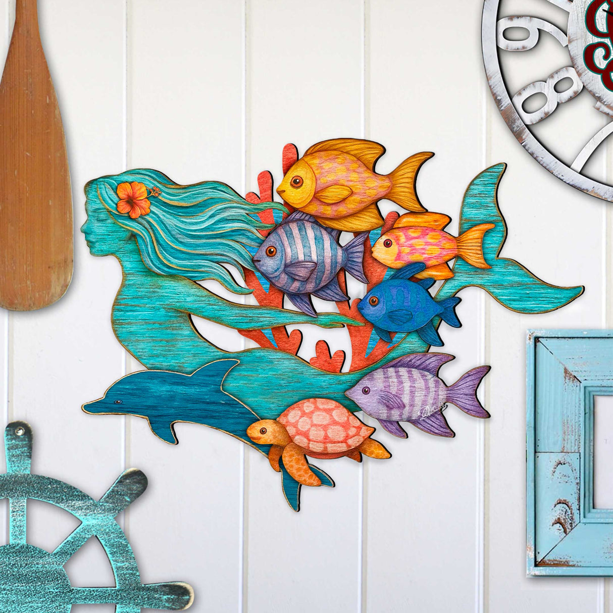 Colgador de puerta costero de sirena tropical - Arte mural costero artesanal de amigos submarinos de G. DeBrekht - Decoración navideña costera - 81985144H