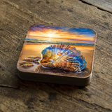 Juego de 4 posavasos de corcho de madera "Atardecer en la playa" de G. Debrekht - Decoración navideña costera - 8199450C-S4