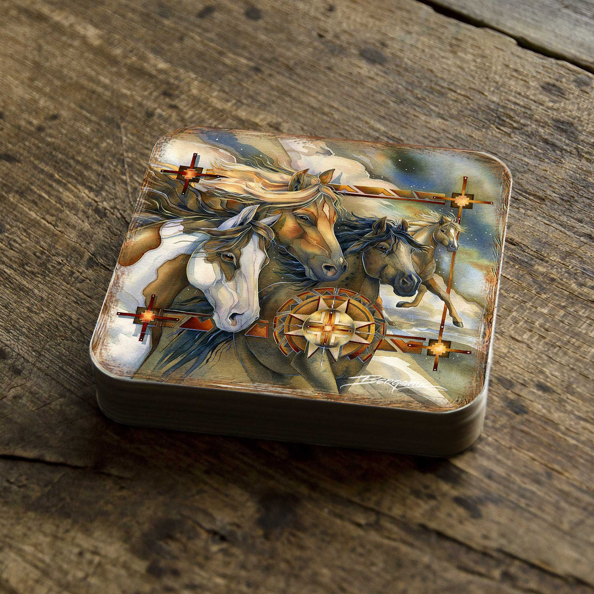 Juego de 4 posavasos de corcho de madera con diseño de caballos salvajes de J. Bergsma - Decoración de vida silvestre - 8199474C-S4