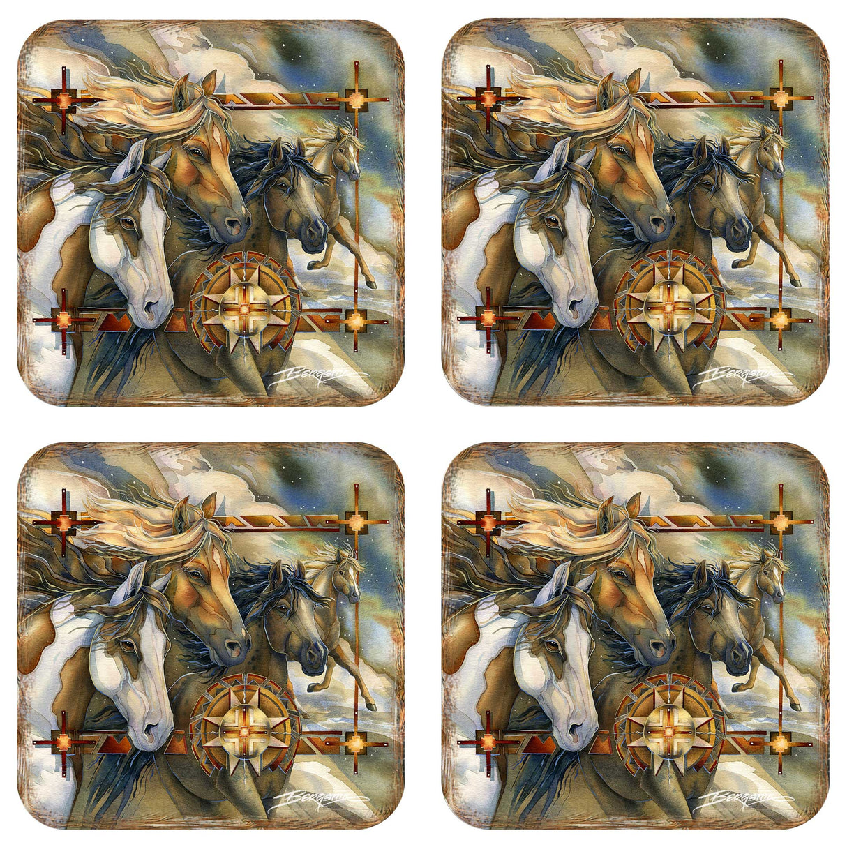 Juego de 4 posavasos de corcho de madera con diseño de caballos salvajes de J. Bergsma - Decoración de vida silvestre - 8199474C-S4