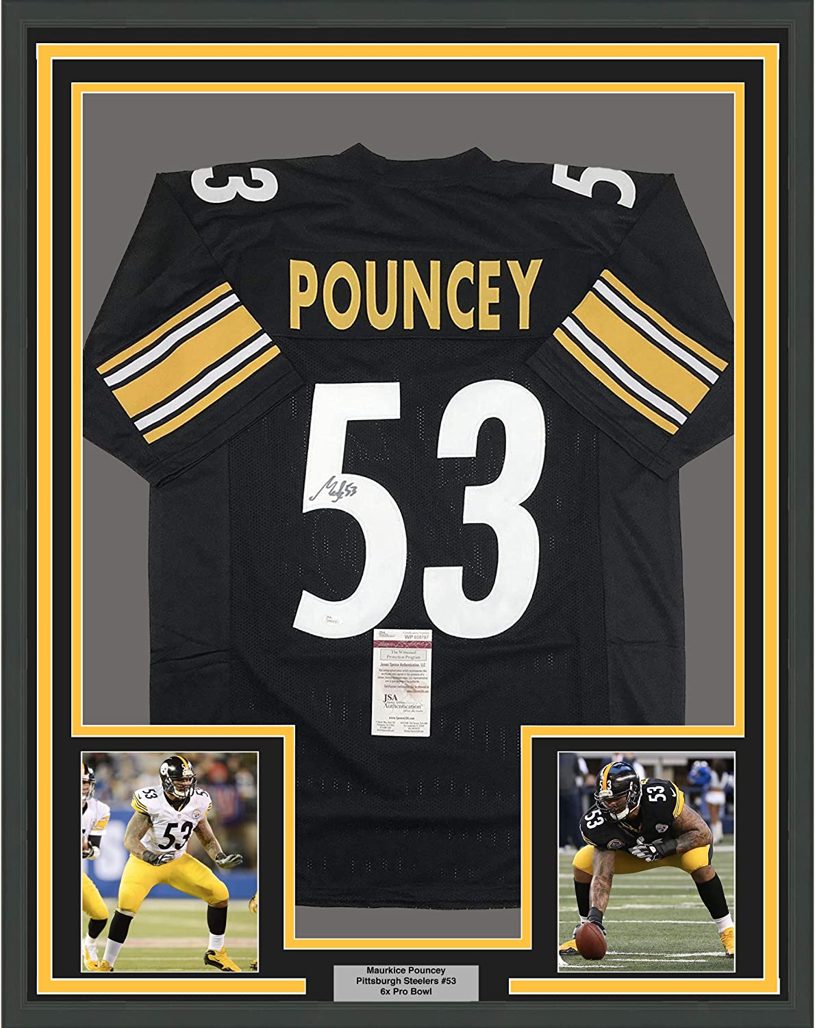 Camiseta de fútbol americano de Pittsburgh, negra, enmarcada, autografiada y firmada por Maurkice Pouncey, 35 x 39, JSA COA