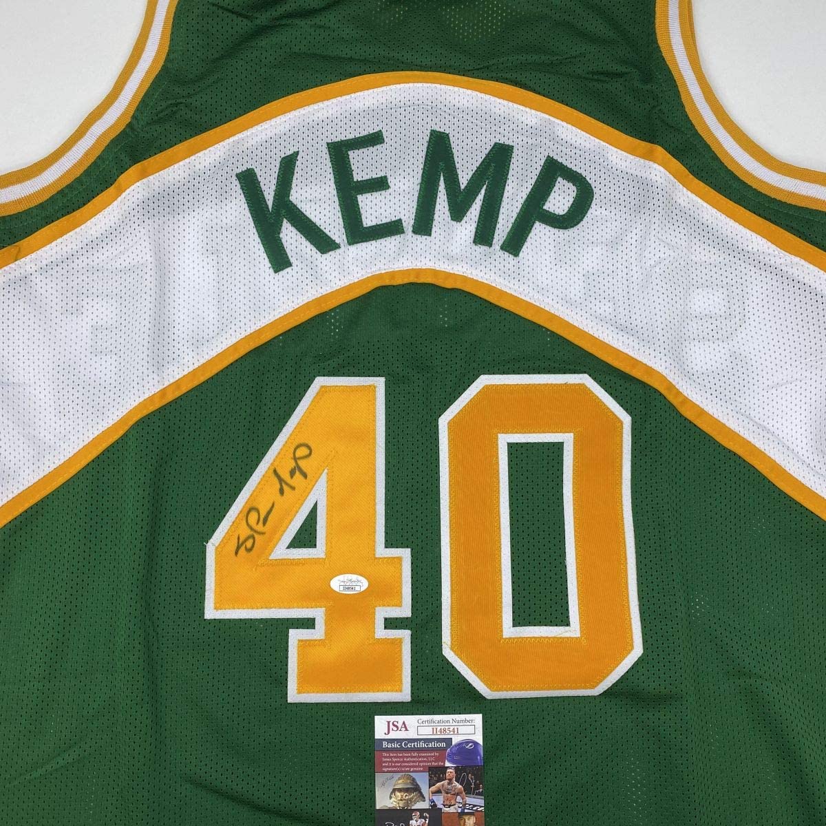 Camiseta de baloncesto verde de Seattle autografiada y firmada por Shawn Kemp (JSA COA)