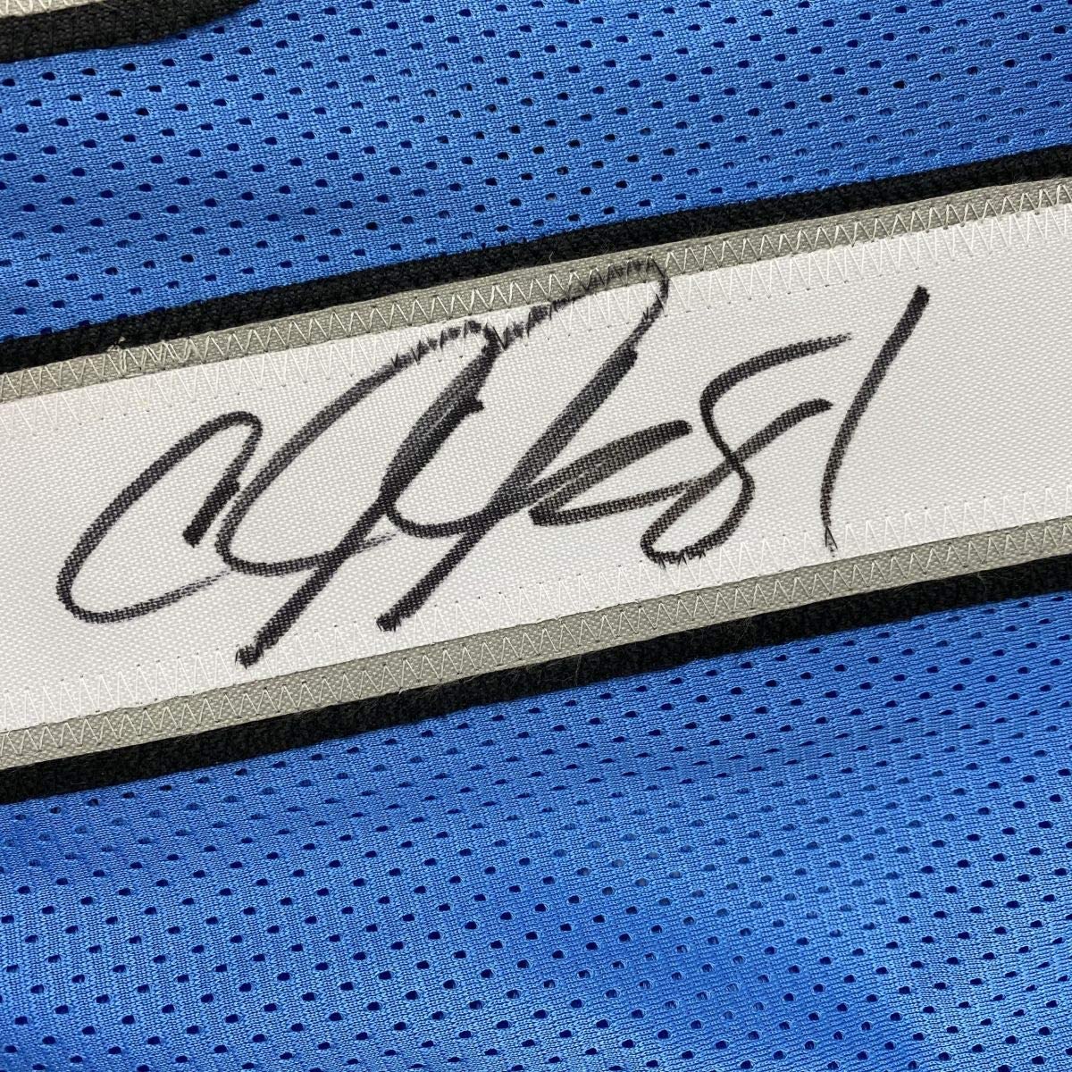 Camiseta de fútbol azul Detroit de Calvin Johnson autografiada/firmada JSA COA