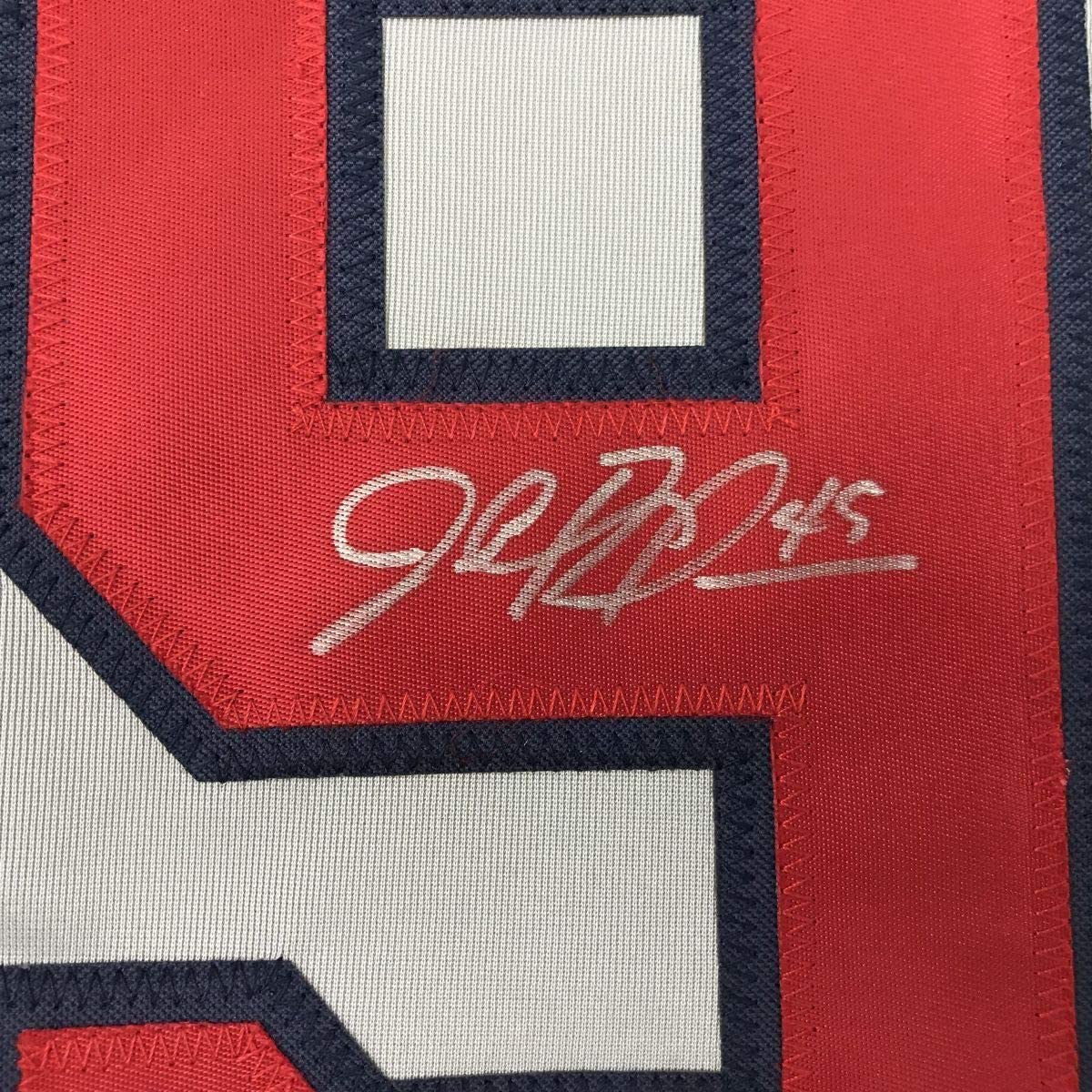 Camiseta de béisbol enmarcada, autografiada y firmada por John Rocker, 35 x 39, color gris Atlanta. Certificado de autenticidad de PSA y ADN.