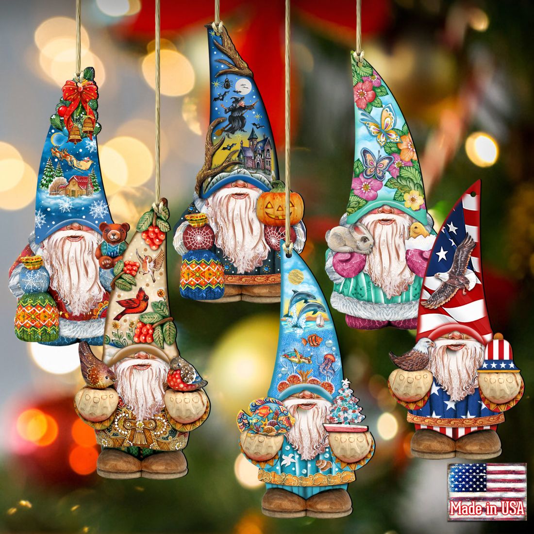 Adornos de madera Gnome Friends (juego de 6) de G. DeBrekht - Decoración navideña de Papá Noel y muñeco de nieve - 8611010-S6