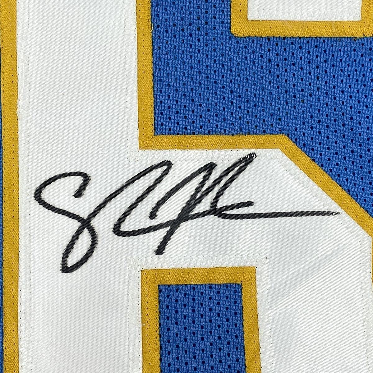 Camiseta de fútbol azul claro de San Diego de Shawne Merriman, enmarcada, autografiada y firmada, 35 x 39, Beckett BAS COA