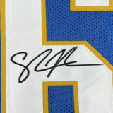 Camiseta de fútbol azul claro de San Diego de Shawne Merriman, enmarcada, autografiada y firmada, 35 x 39, Beckett BAS COA