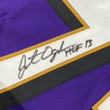 Framed Autographed/Signed Jonathan Ogden 35x39 HOF 13 Baltimore Purple Football Jersey JSA COA