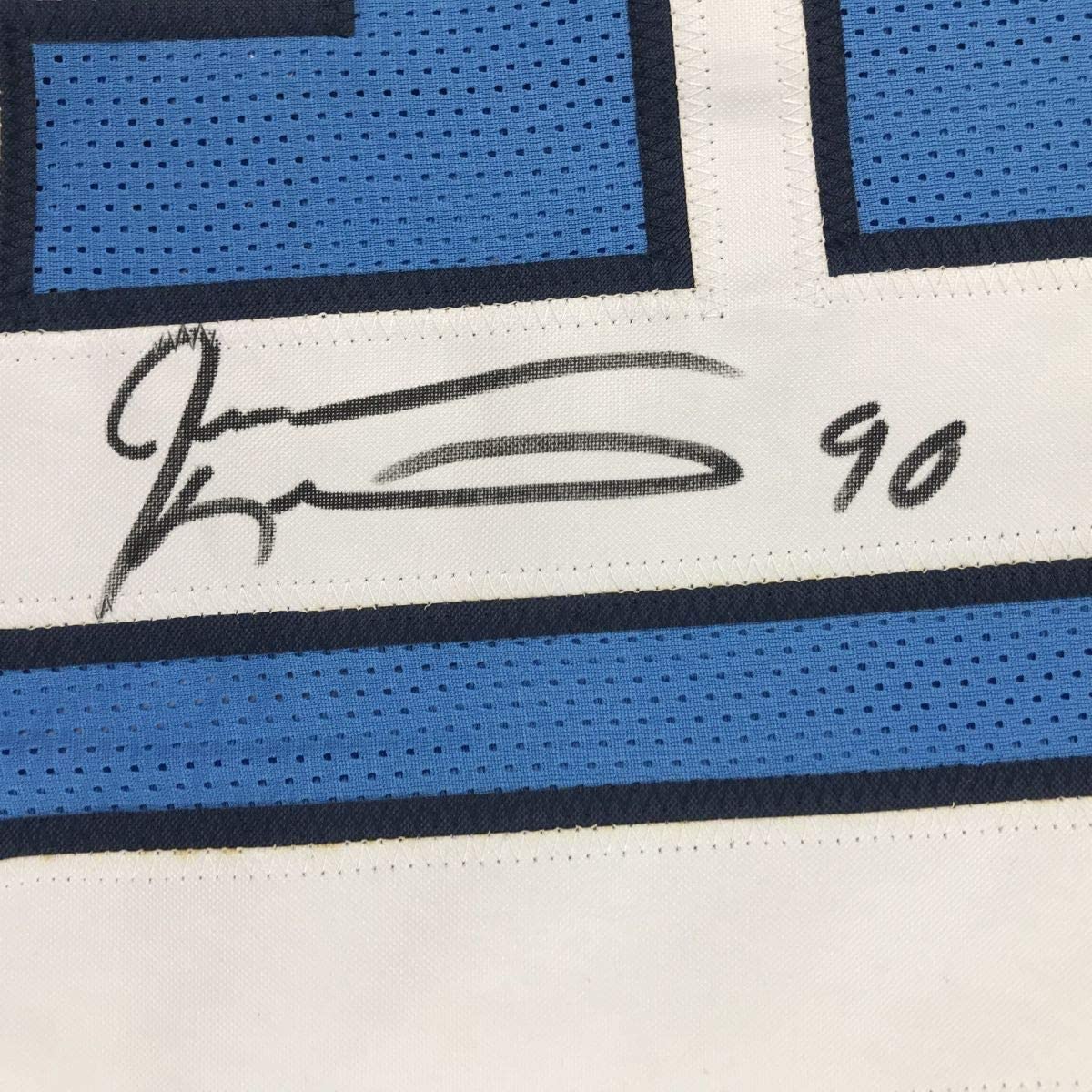 Camiseta de fútbol americano azul claro de Tennessee, enmarcada, autografiada y firmada por Jevon Kearse, 35 x 39, JSA COA
