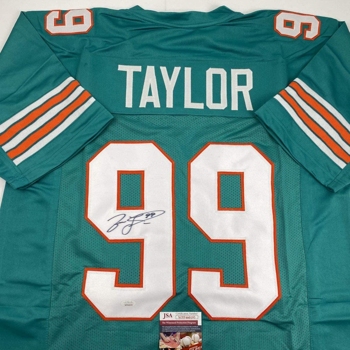 Camiseta de fútbol americano autografiada/firmada Jason Taylor Miami Teal JSA COA