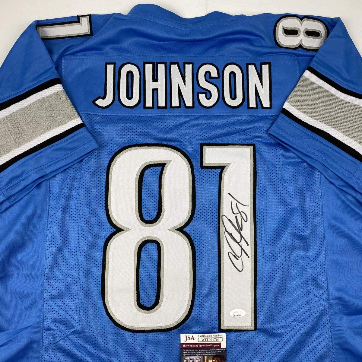 Camiseta de fútbol azul Detroit de Calvin Johnson autografiada/firmada JSA COA