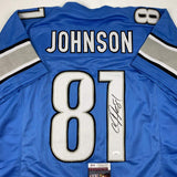 Camiseta de fútbol azul Detroit de Calvin Johnson autografiada/firmada JSA COA