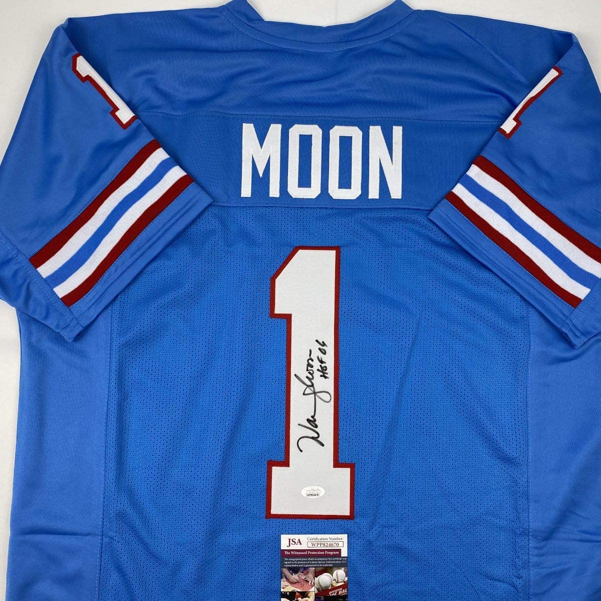 Camiseta de fútbol americano azul Houston del Salón de la Fama 06 de Warren Moon, autografiada y firmada por JSA COA