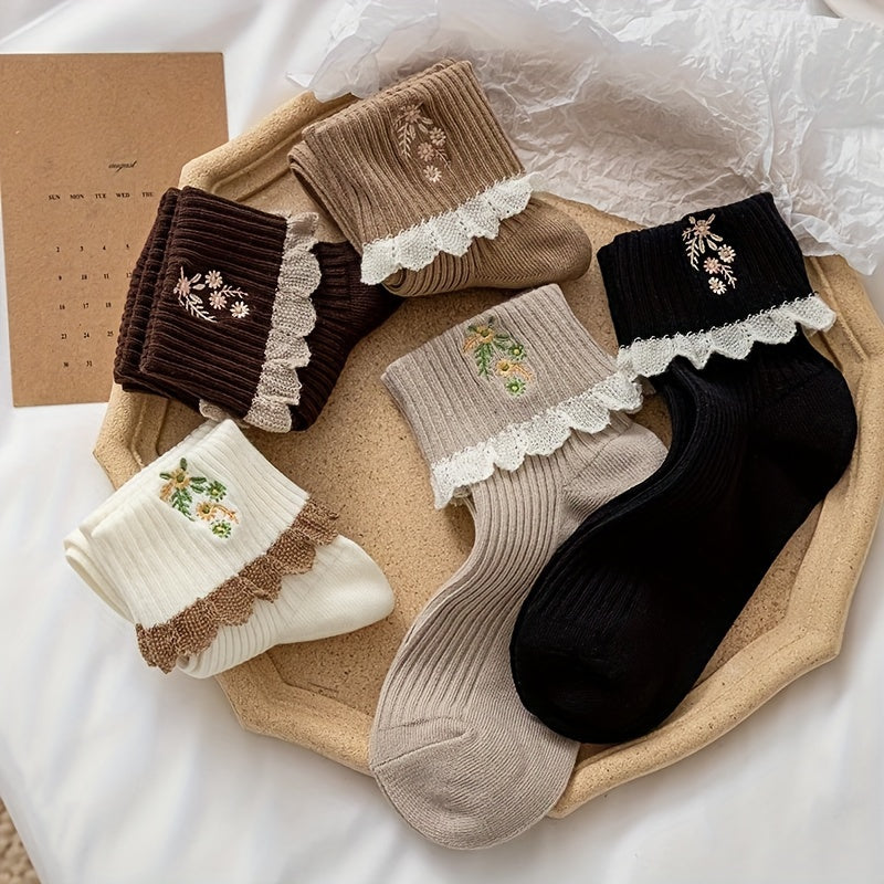 5 pares de calcetines con encaje floral, suaves y cálidos, acanalados hasta el tobillo, medias y calcetería para mujer
