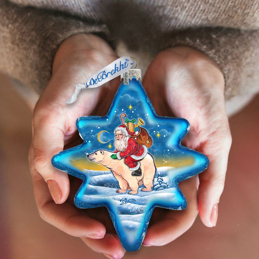 Ride to North Pole Santa Glass Ornament by G. DeBrekht - Christmas Santa Snowman Decor - 755-011