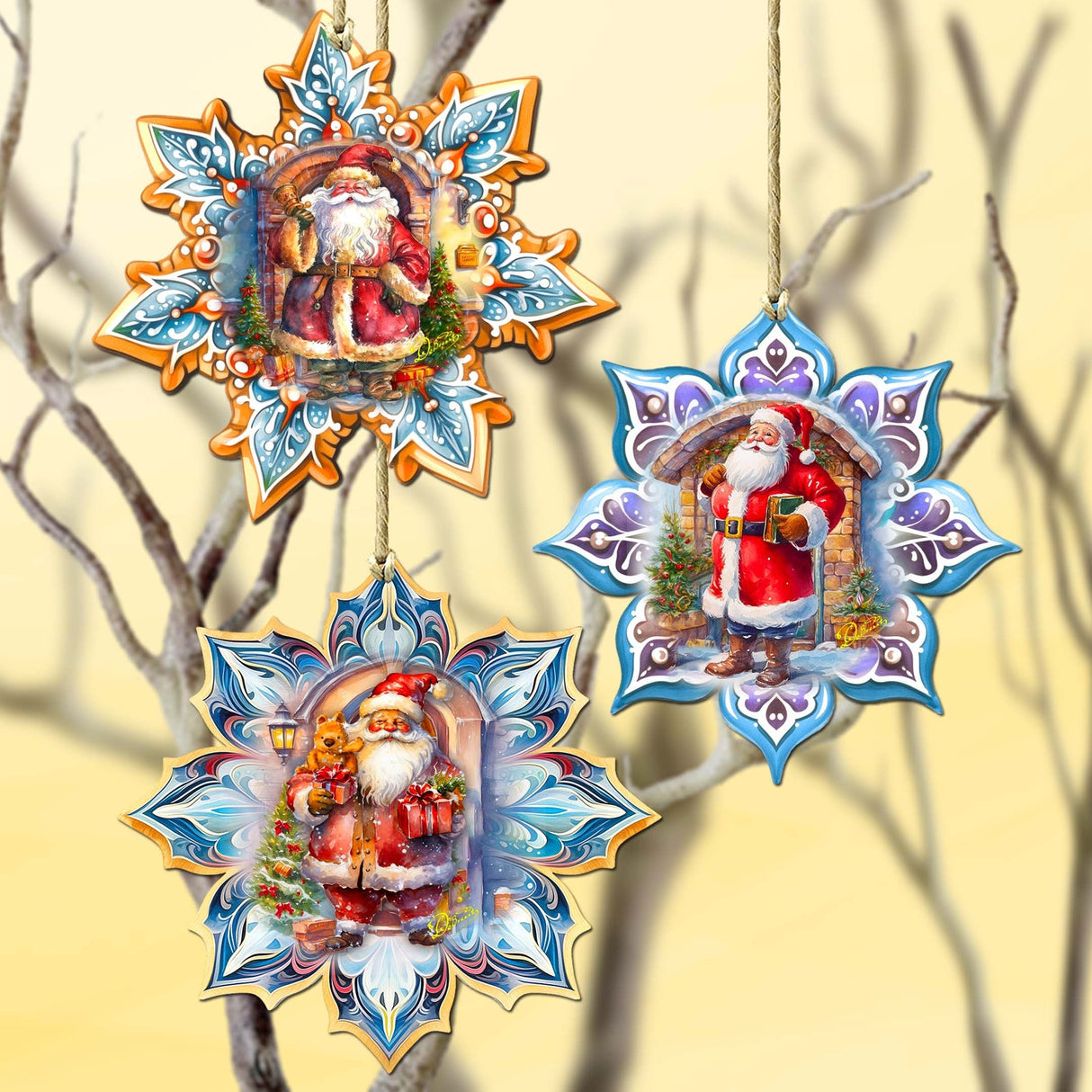 Santa's Greetings Snowflake Wooden Ornaments Set of 3 by G. Debrekht - Christmas Decor - 8090147-S3