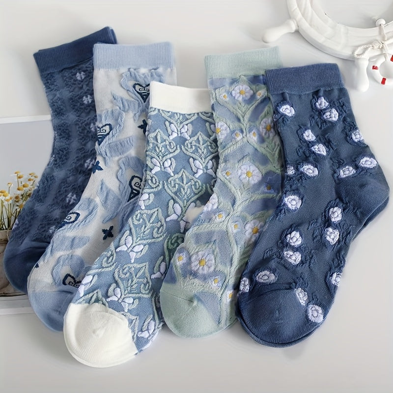 5 calcetines de punto cómodos con estampado de flores de dibujos animados, transpirables y suaves para exteriores.
