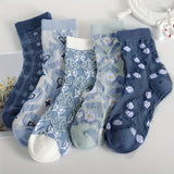 5 calcetines de punto cómodos con estampado de flores de dibujos animados, transpirables y suaves para exteriores.