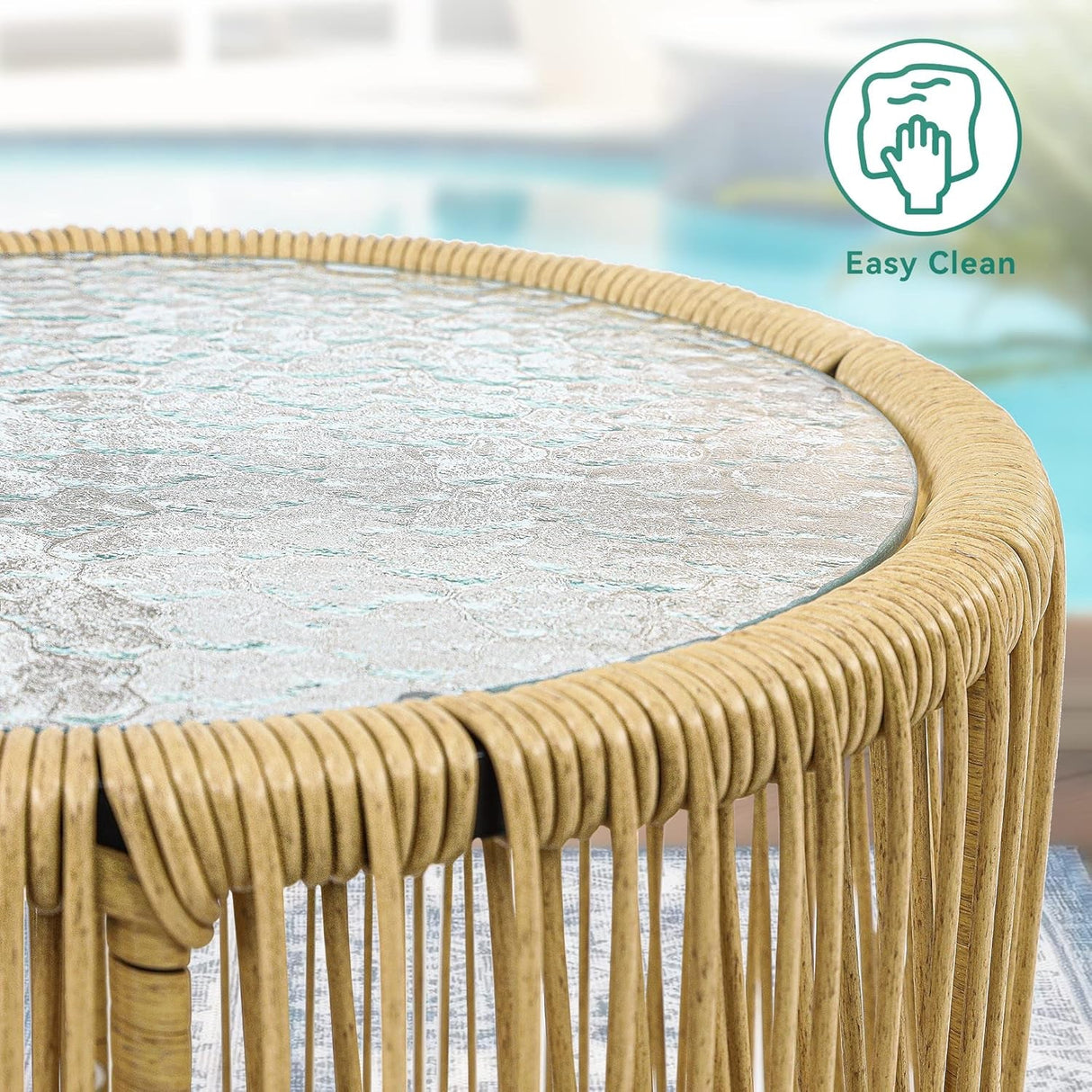 Conjunto de 3 piezas de muebles de exterior de mimbre estilo bistró, sillas de ratán resistentes a la intemperie para patio, balcón y terraza, con cojines suaves y mesa auxiliar de vidrio (marrón claro y azul marino).
