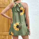 Ladies' Neck Hanging Sunflower Butterfly Print Hollow Sleeveless Casual Dress - Lootquake