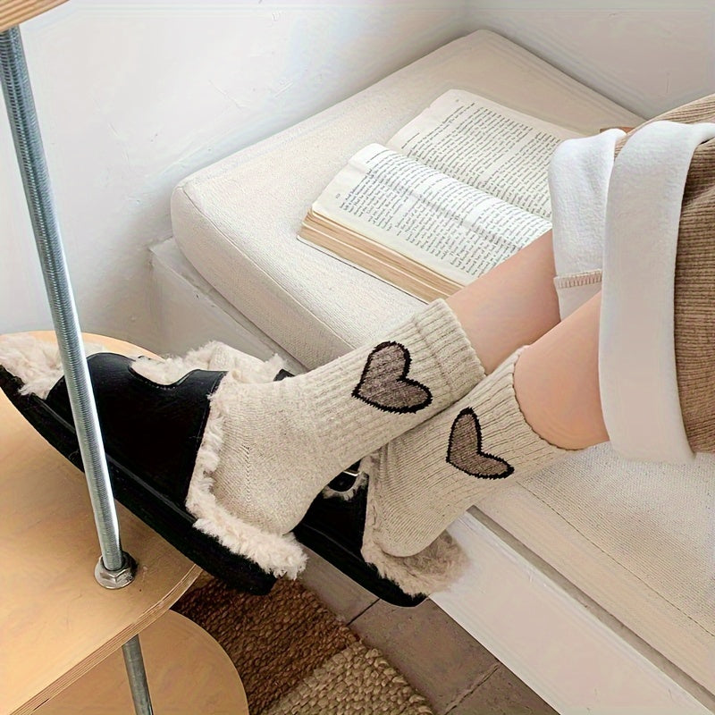 Lot de 3/5 paires de chaussettes côtelées à motif cœur, chaussettes mi-hautes confortables et douces, bas et collants pour femmes