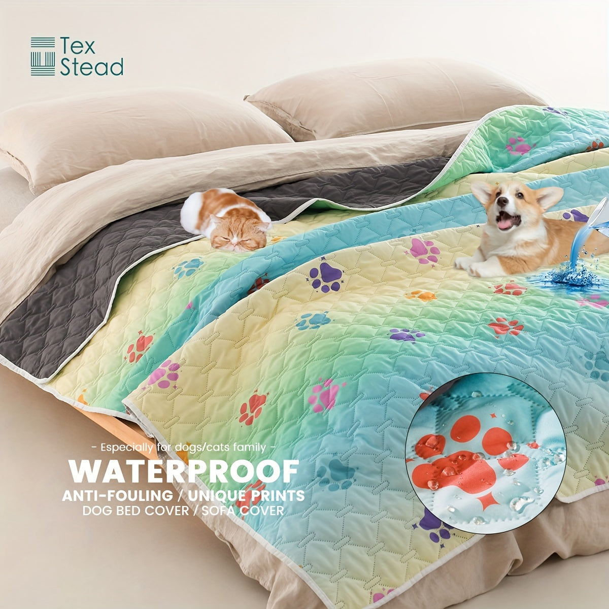 Ultimate Reversible Dog Bed Cover - Waterproof, Washable, Reusable Camping Mat with Geometric Embroidery Blanket, Rainbow Dog Paw Design, Easy to Clean and Durable for Indoor and Outdoor Use