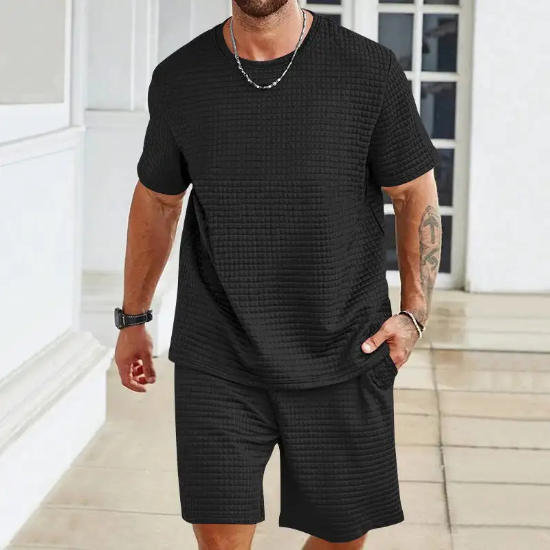 Sports Casual Suit Solid Color Round Neck T-shirt Shorts - Lootquake