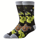 5 Pairs Of Men's Trendy Cartoon Anime Pattern Crew Socks, Breathable Comfy Casual Unisex Socks For Men's Outdoor Wearing All Seasons Wearing