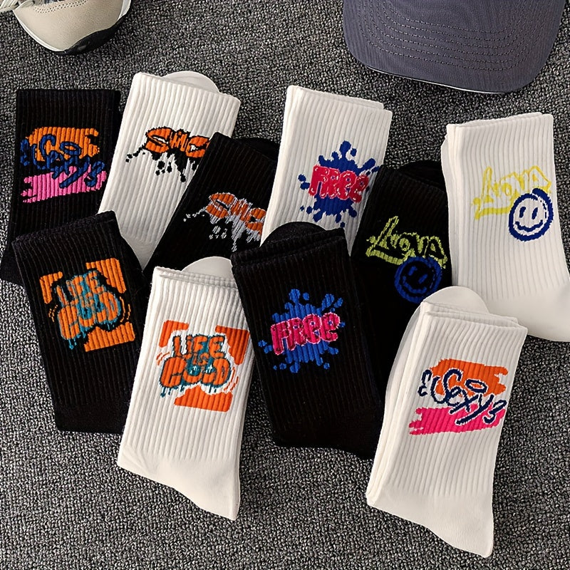 10Pairs Mens Graffiti Art Socks - Fashion-Forward, Cotton Blend, Breathable & Comfortable - Unisex, Outdoor Ready, All-Season Casual Wear