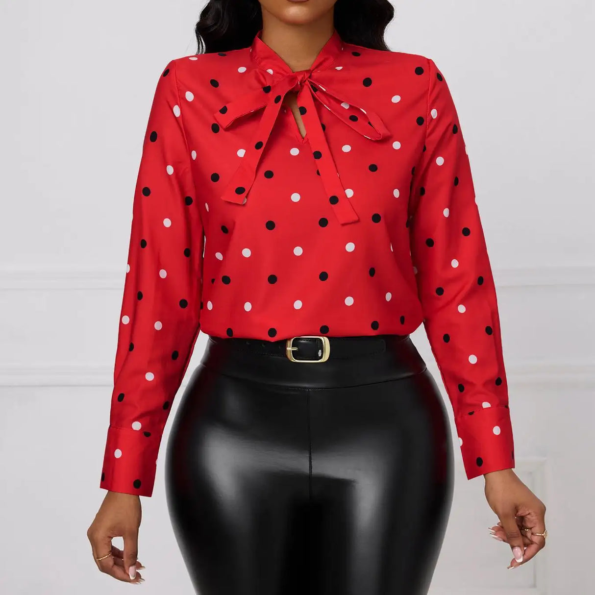 Ladies' Fashionable And Elegant Printed Polka Dot Solid Color Long Sleeved Shirt Top With Elegant Orientation - Lootquake