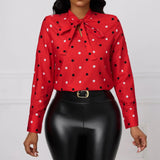 Ladies' Fashionable And Elegant Printed Polka Dot Solid Color Long Sleeved Shirt Top With Elegant Orientation - Lootquake