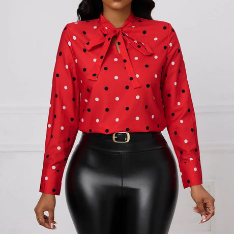 Ladies' Fashionable And Elegant Printed Polka Dot Solid Color Long Sleeved Shirt Top With Elegant Orientation - Lootquake