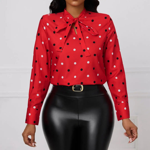 Ladies' Fashionable And Elegant Printed Polka Dot Solid Color Long Sleeved Shirt Top With Elegant Orientation - Lootquake