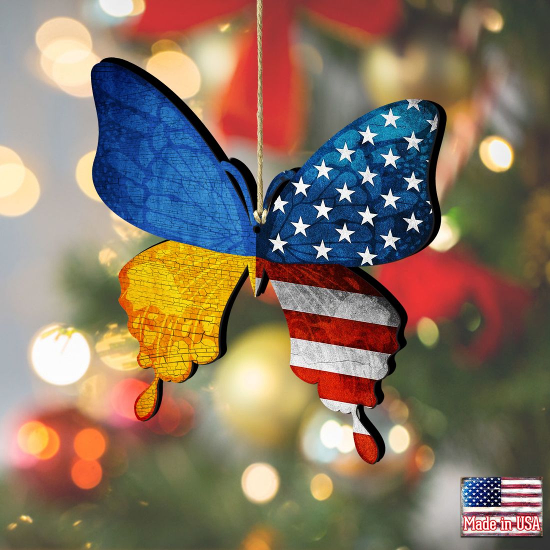 USA/Ukraine Patriotic Butterfly Wooden Ornaments - International Decor - 8187129