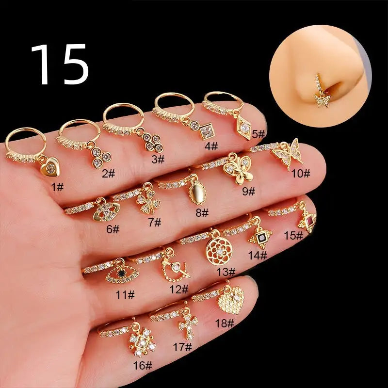 Anillo nasal con colgante de circonita y mariposa en forma de corazón de Henson