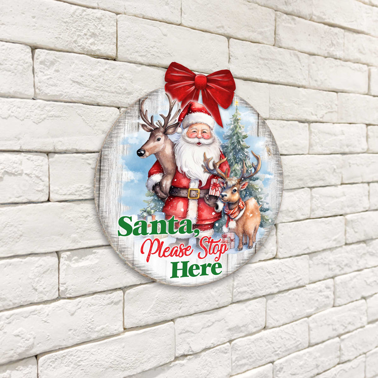 Letrero de Papá Noel, por favor, deténgase aquí. Letrero de bienvenida para la puerta principal. Pancarta de entrada principal. Letrero de bienvenida - Decoración de porche delantero de madera - 933116H