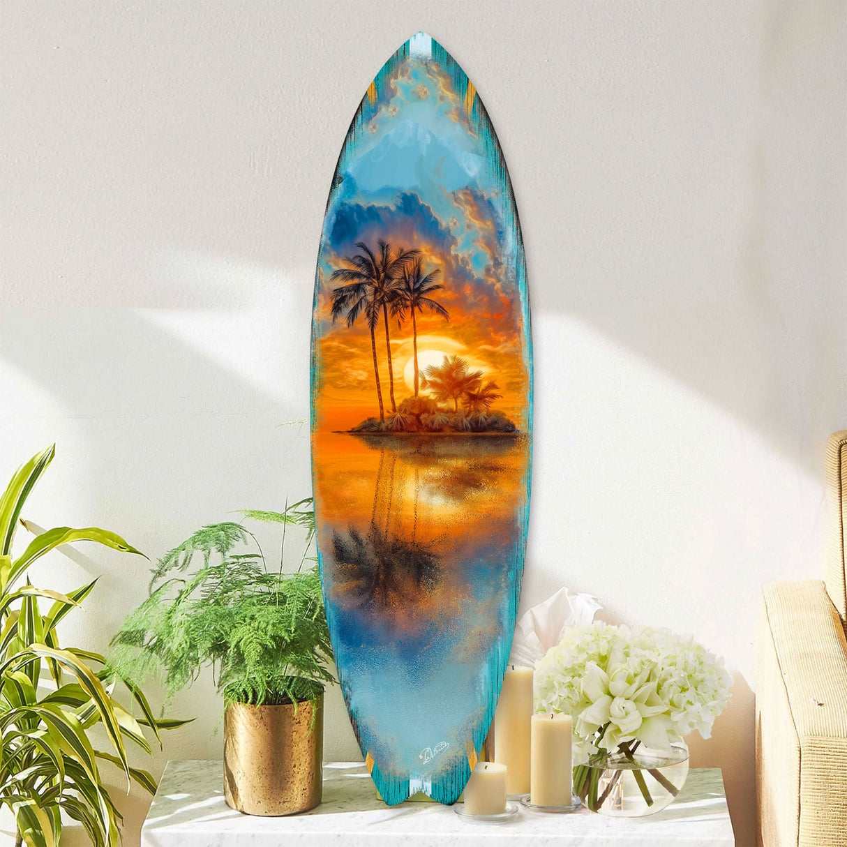 Tropical Sunset Surfboard Wall Art – Coastal Wall Decor - Handcrafted Surfboard Wall Decor for Beach House - Art by G. Debrekht  - 8490139HS