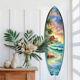 Arte mural de tabla de surf con diseño de casa de playa tropical de G. DeBrekht - Decoración costera artesanal - Decoración de pared con tabla de surf para casas de playa e interiores náuticos - 8490142HS