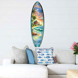 Arte mural de tabla de surf con diseño de casa de playa tropical de G. DeBrekht - Decoración costera artesanal - Decoración de pared con tabla de surf para casas de playa e interiores náuticos - 8490142HS