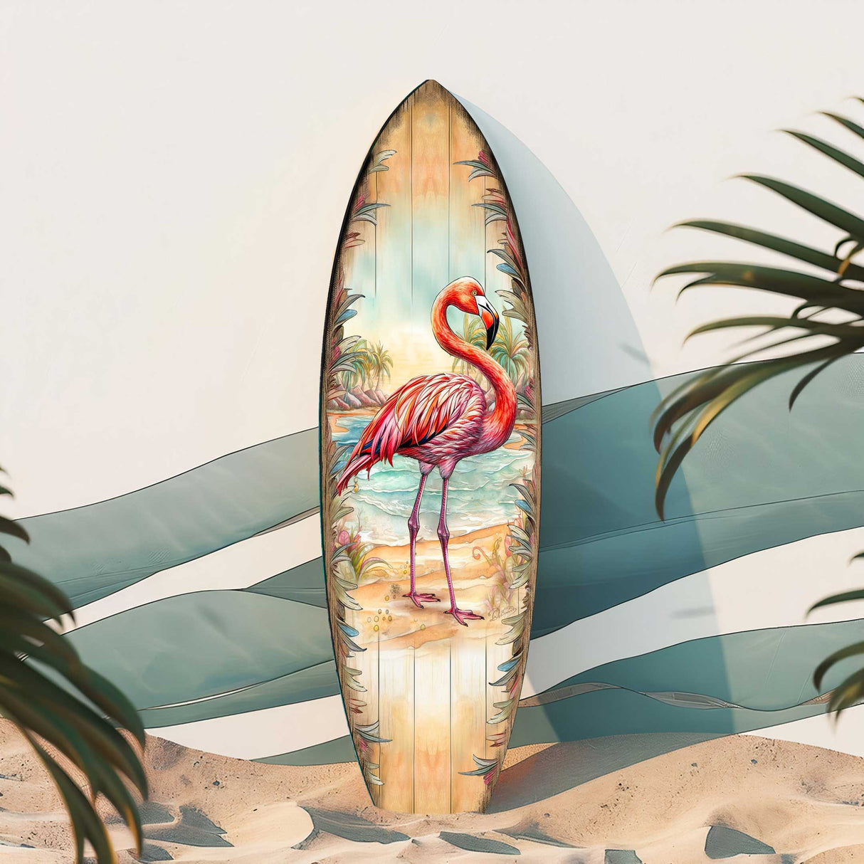 Tabla de surf con flamenco rosa de G. DeBrekht – Decoración costera tropical artesanal – 8490146HS