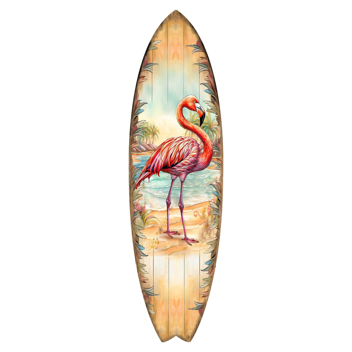 Tabla de surf con flamenco rosa de G. DeBrekht – Decoración costera tropical artesanal – 8490146HS