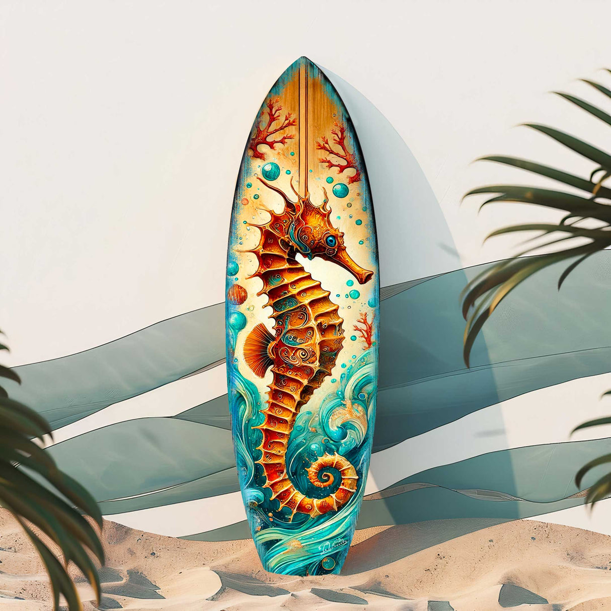 Arte mural de tabla de surf costera con caballito de mar – Decoración oceánica de madera artesanal de G.DeBrekht – Decoración para casa de playa interior y exterior – 8490147HS