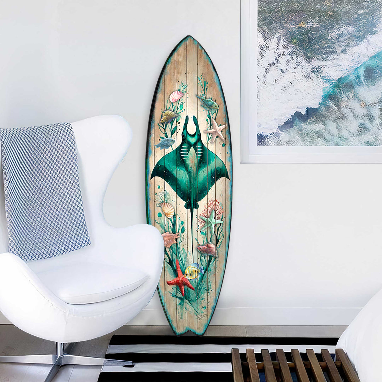 Manta Ray Surfboard Wall Art – Handcrafted Coastal Ocean Decor by G.DeBrekht – Underwater Sea Life Beach House Accent – 8490148HS