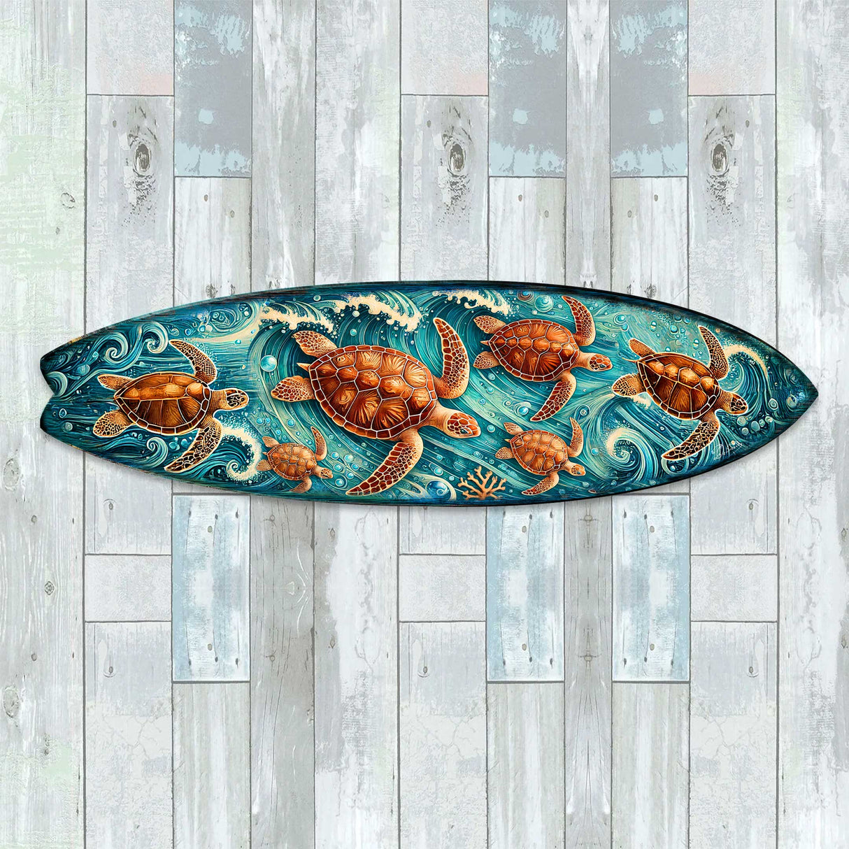 Arte mural costero con tabla de surf de tortuga marina – Decoración de madera con olas oceánicas artesanal de G.DeBrekht – Decoración de casa de playa con vida marina – 8490150HS