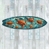 Arte mural costero con tabla de surf de tortuga marina – Decoración de madera con olas oceánicas artesanal de G.DeBrekht – Decoración de casa de playa con vida marina – 8490150HS