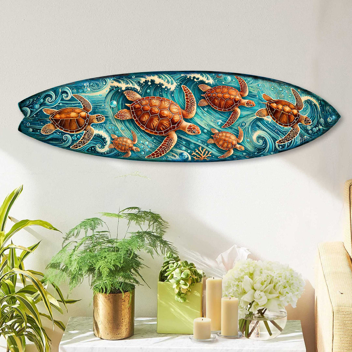 Arte mural costero con tabla de surf de tortuga marina – Decoración de madera con olas oceánicas artesanal de G.DeBrekht – Decoración de casa de playa con vida marina – 8490150HS